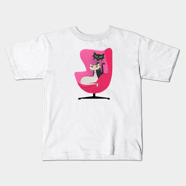 Mid Century Atomic Cats in Pink Chair Kids T-Shirt by DeerSpiritStudio